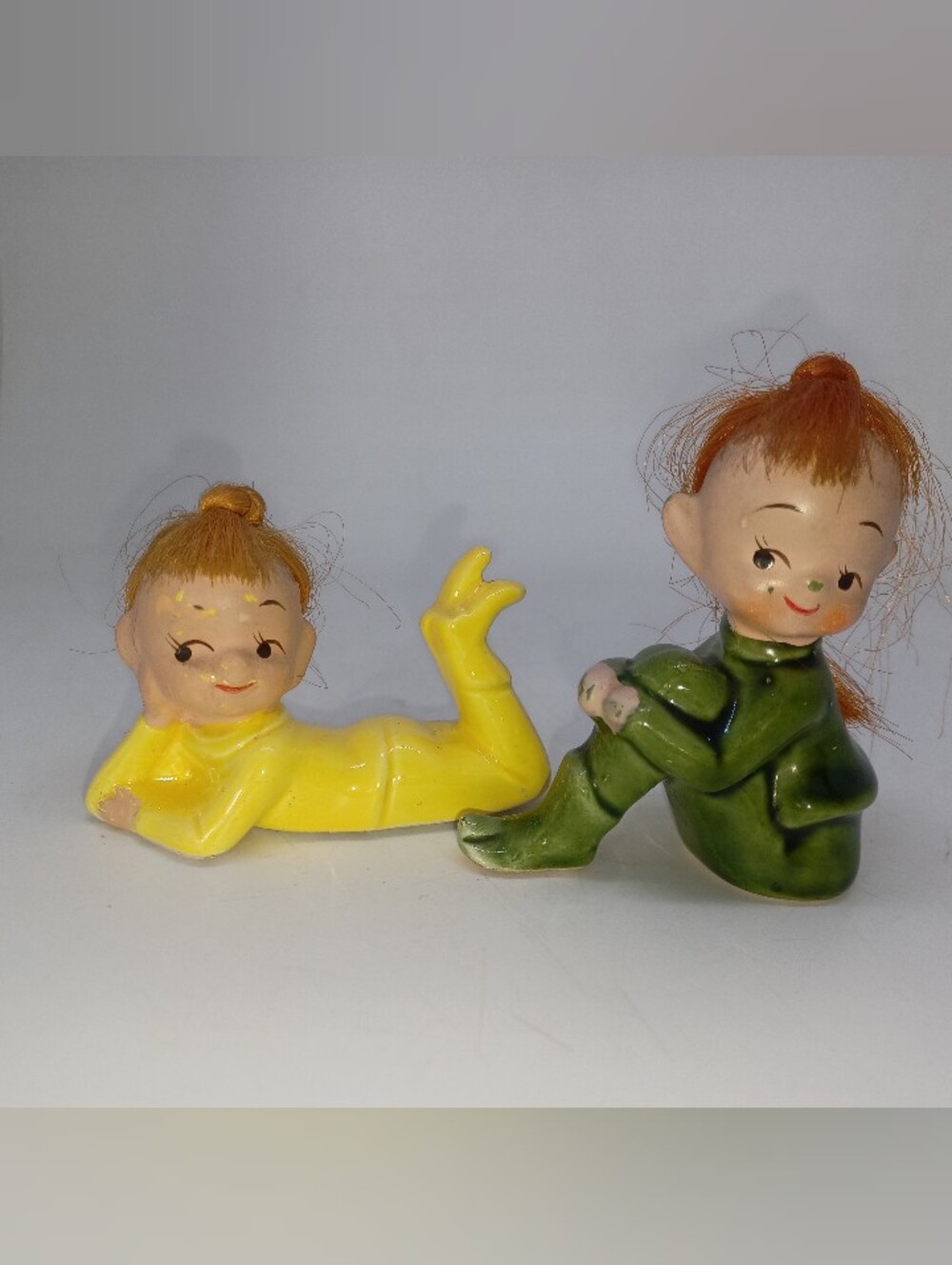 Vintage Ceramic Elf Figurines - Yellow Green- hair original sticker 1960s